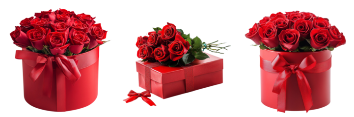 Set of A close-up of a red roses bouquet wrapped in pink and red cellophane on transparent png background