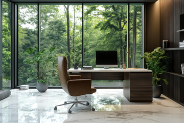 A modern home office with a desk, computer, and chair, a marble floor, a large window overlooking trees.