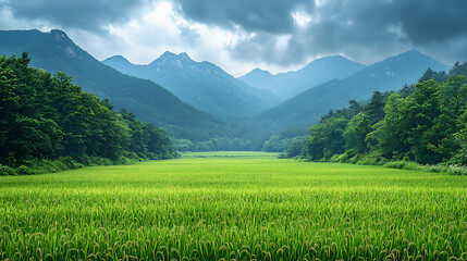Fototapeta premium a peaceful rural landscape featuring lush green korean rice fields with t