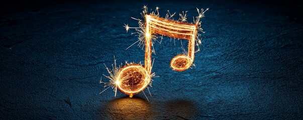 Sparklers and music for the New Year. Sparkling musical note on a dark background.