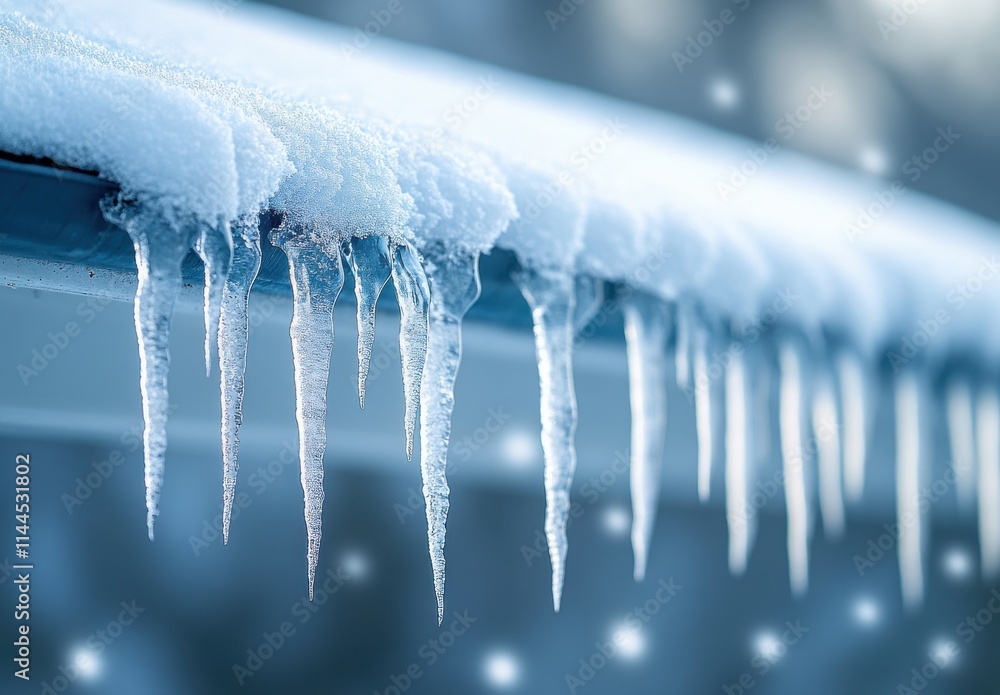 Poster close-up view of icicles formed on gutter with fresh snow layer and soft blurred background, capturi