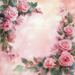 Beautiful arrangement of pink roses and delicate blossoms creates an elegant floral backdrop for various