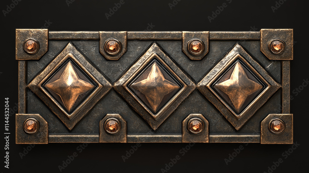 Poster medieval bronze game button. isolated fantasy interface title. metal border with gem vector design. 