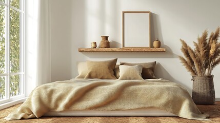 Scandinavian Bedroom with Cozy Neutral Textures and Natural Wood Accents : Generative AI