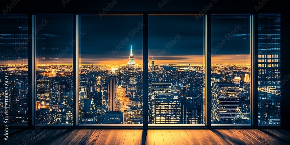 Poster expansive view of city lights from skyscraper window at night : generative ai