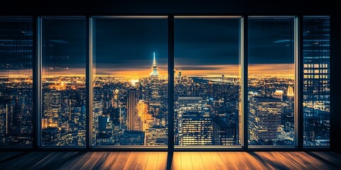 Expansive view of city lights from skyscraper window at night : Generative AI