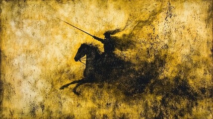 A silhouette of a horseman in dynamic motion.
