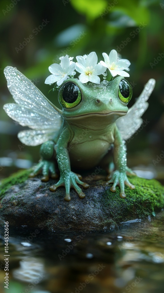 Poster a small green frog adorned with a delicate flower crown and translucent fairy wings perched on a mos
