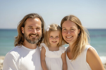 Obraz premium Family photo of father, mother and daughter, beach background