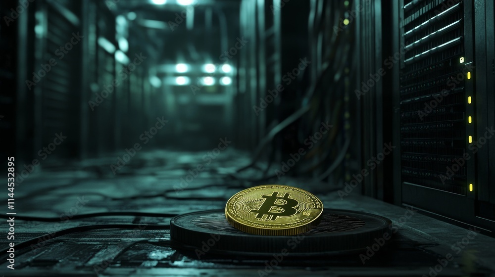 Poster a gold bitcoin coin displayed on a futuristic, dark server platform surrounded by cables and glowing