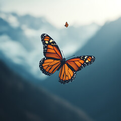 Fototapeta premium Majestic Butterflies Soaring Above Mountain Ranges, Capturing the Beauty of Nature's Flight in Soft Focus Amidst Stunning Scenic Landscapes