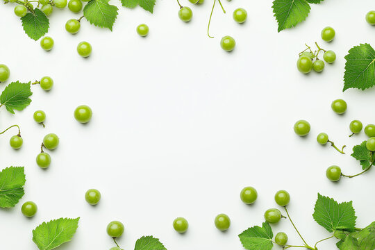 White background with green grapes on the sides, white space in the center of the frame, flat lay photography, minimalism.