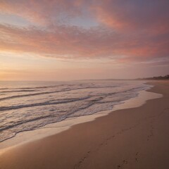 A serene beach at sunrise with soft pink and orange skies.