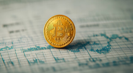 A golden coin stands upright on a financial graph background, symbolizing cryptocurrency and market trends.