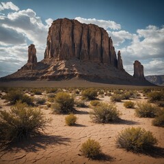 A dramatic desert landscape with towering rock formations.