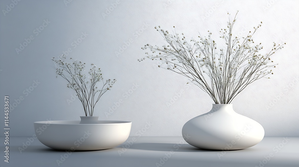 Poster contemporary white vases with delicate floral arrangements in minimalist setting : generative ai