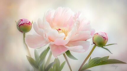 Naklejka premium close-up of a pink peony flower with buds on a soft background