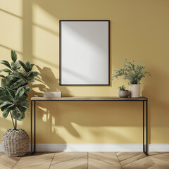 A modern console table with a blank poster frame on a yellow wall, interior design mock-up, side view, with plants.