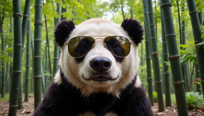 Fototapeta premium Cool panda wearing sunglasses in bamboo forest, copy space, trendy animal photography