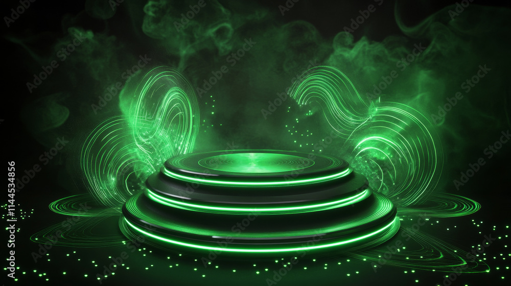Poster green game hologram light circle podium teleport. 3d magic technology neon glow hud platform element