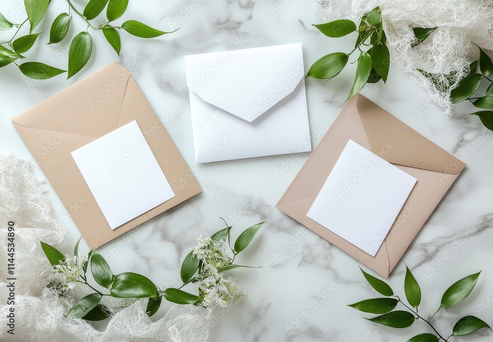 Poster Elegant Arrangement of Empty Envelopes on Marble Background Surrounded by Greenery and Textured Fabric for Stylish Correspondence or Invitations