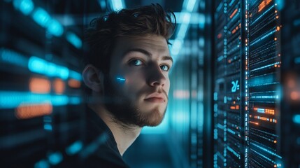 Technician Focused on Data in High-Tech Environment