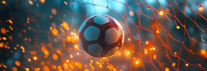 Soccer ball striking the net during a bright match under the evening sun with a bokeh background enhancing the