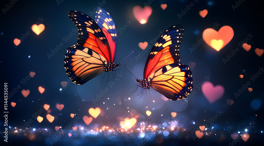 Poster two vibrant butterflies flutter amidst colorful hearts and sparkles, creating a whimsical, romantic 