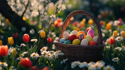 Colorful Easter eggs arranged in a basket surrounded by blooming flowers in a vibrant garden setting during
