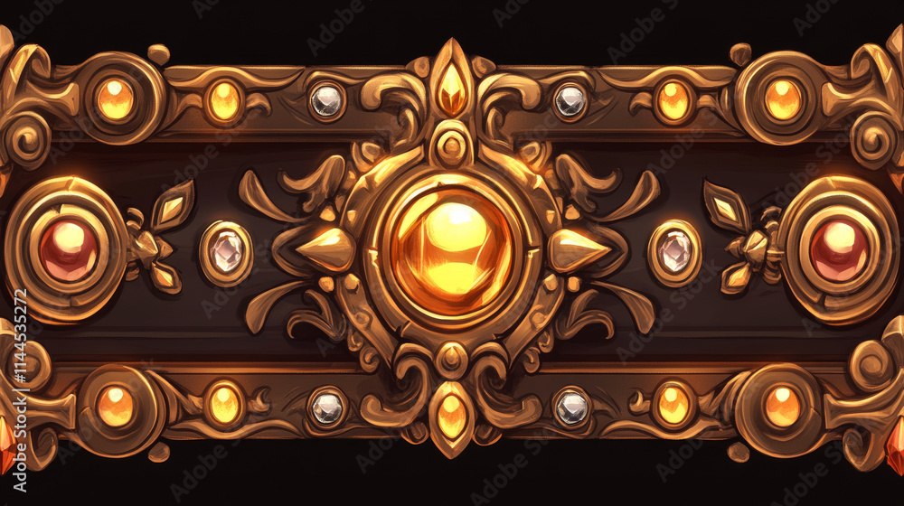 Poster golden fantasy game border ui button frame design. medieval gold metal interface element icon for rp