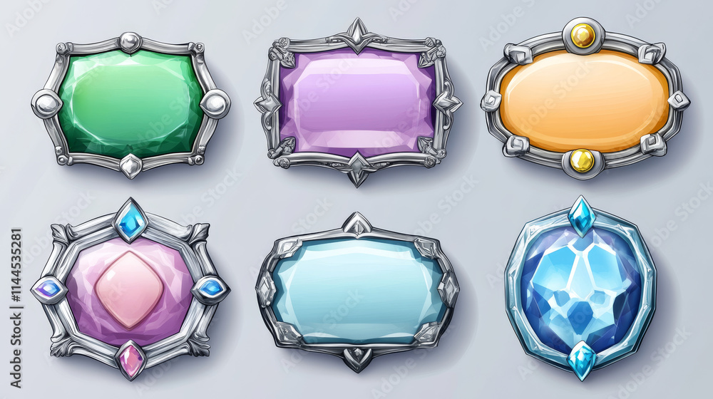 Poster game button with silver ornate frame. cartoon vector illustration set of gui design elements - namep