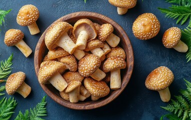 Freshly foraged morel mushrooms arranged in a wooden bowl surrounded by vibrant green ferns on a textured dark