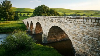 Fototapeta premium Scottish Highlands Stone Bridge with rolling hills and river views, classic European retreat