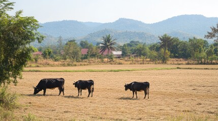 Fototapeta premium Illustration of cows grazing in dry rice fields in Northern Laos. Dry season background. Ai generated image