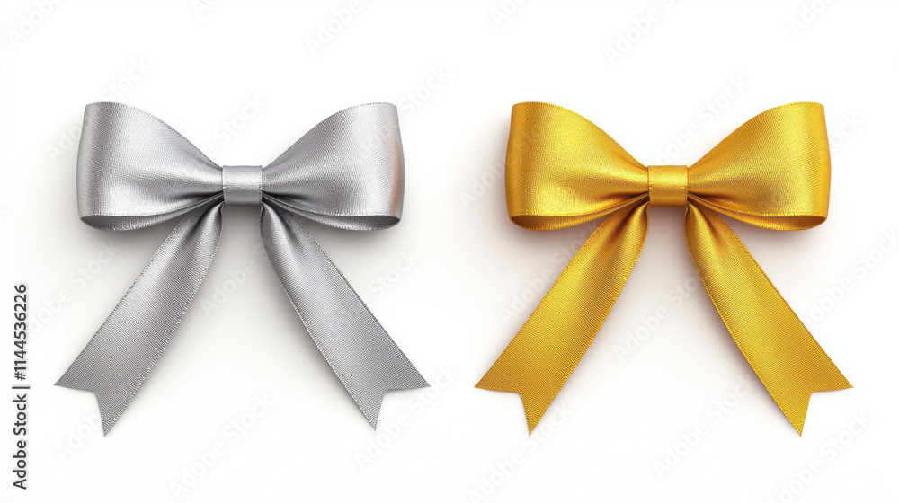 Wall mural Gift and Decoration, Elegant silver and gold ribbon bows, perfect for gifts and decorations