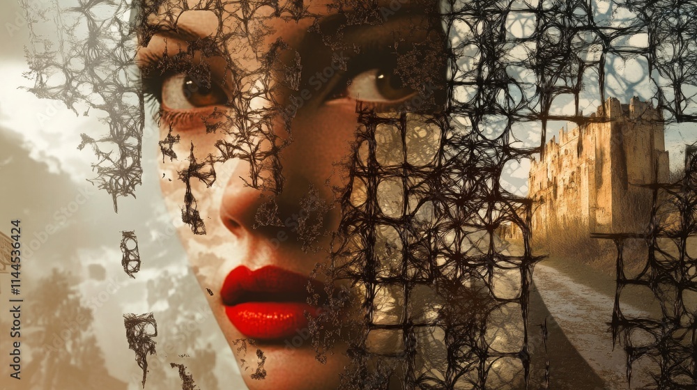 Poster a captivating abstract portrait of a woman, her vivid red lips and intense gaze framed by black web-