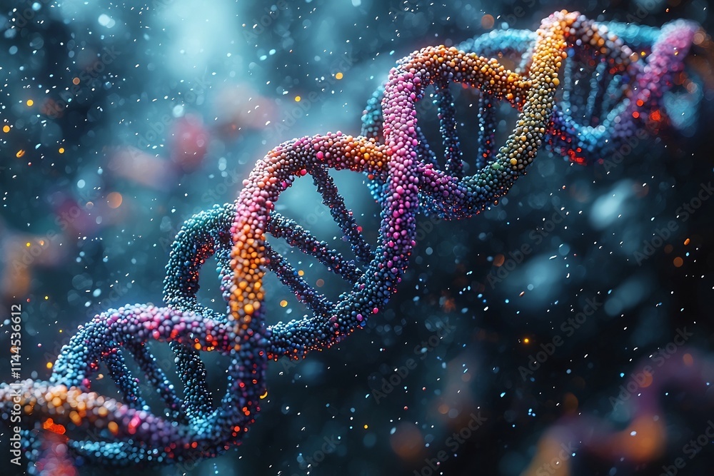Poster vibrant digital display of colorful genetic modification and dna strands in futuristic laboratory se