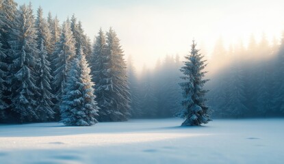 Enchanting Winter Landscape with Frosted Evergreen Trees in a Snow-Covered Forest during Early Morning Light