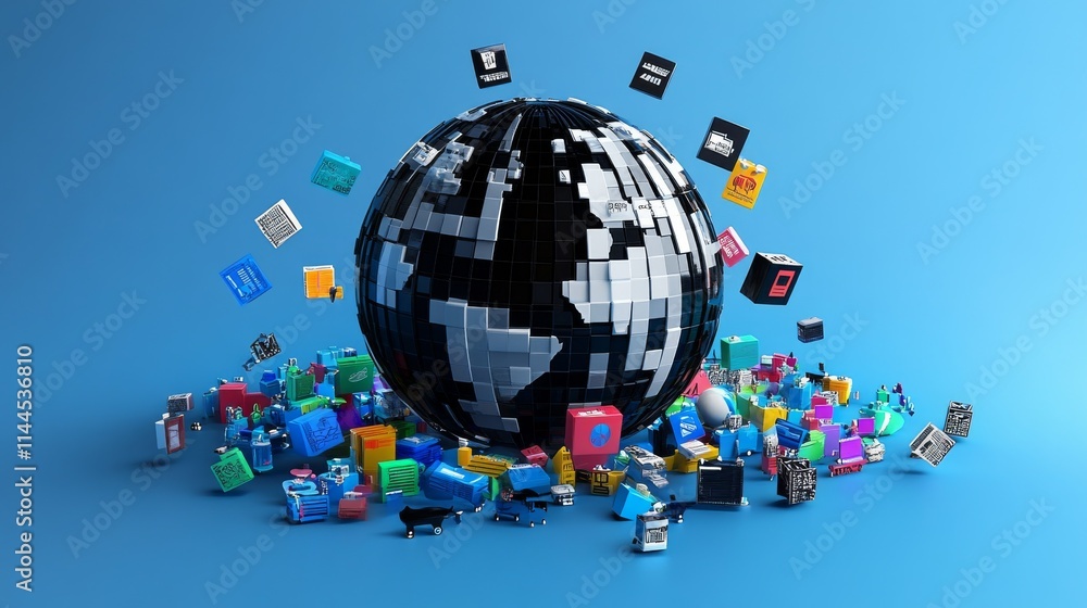 Poster a 3d render of a pixelated globe surrounded by vibrant, floating digital cubes against a bright blue