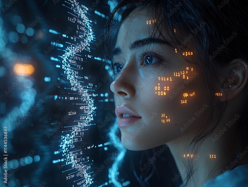 Poster immersive virtual interface displaying futuristic genetic data sequences for scientific