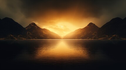 Fototapeta premium A mountain lake with backlighting, space on the right for text or design,generative ai illustration