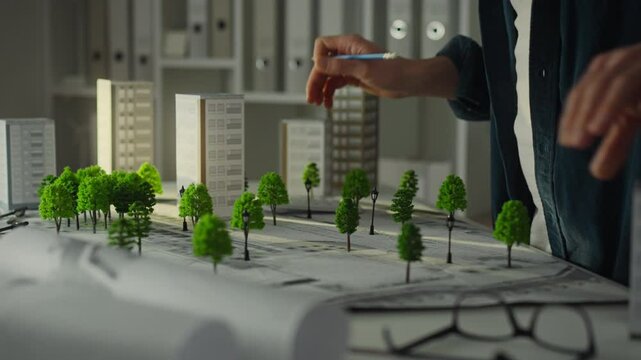 A person arranges miniature buildings and trees on a design plan in a studio dedicated to urban planning. The atmosphere is creative, with architectural tools and materials visible