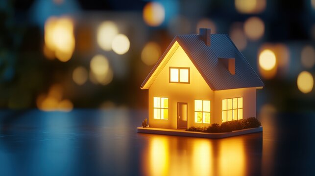 Miniature house with glowing windows on a dark reflective surface. home warmth and security