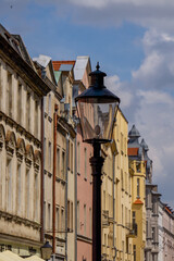 renovated old tenement houses in the city center. colorful buildings of old architecture in the city. residential houses after renovation.