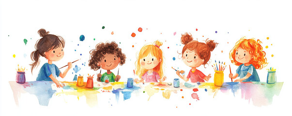 group of cheerful children painting together at table, surrounded by colorful splashes of paint and art supplies, expressing creativity and joy in fun and lively atmosphere