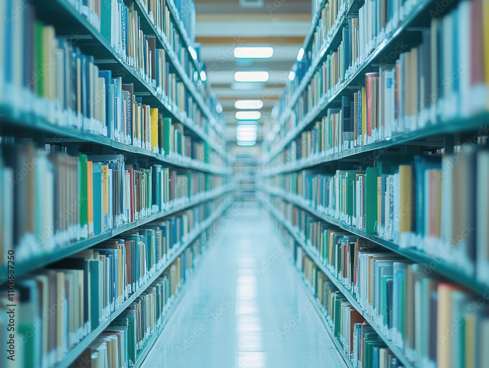 Poster expansive view of bookshelves in a modern library, rows of colorful books in perfectly organized she