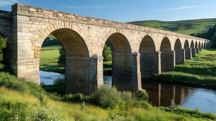 Fototapeta premium Scottish Highlands Stone Bridge with rolling hills and river views, classic European retreat