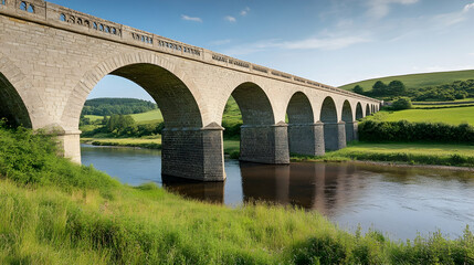 Fototapeta premium Scottish Highlands Stone Bridge with rolling hills and river views, classic European retreat