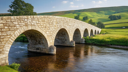 Fototapeta premium Scottish Highlands Stone Bridge with rolling hills and river views, classic European retreat