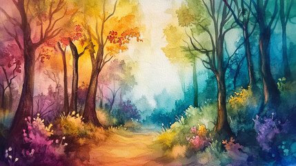 vibrant watercolor painting of magical forest with colorful trees, lush foliage, and serene pathway bathed in warm and cool hues, evoking sense of wonder and tranquility